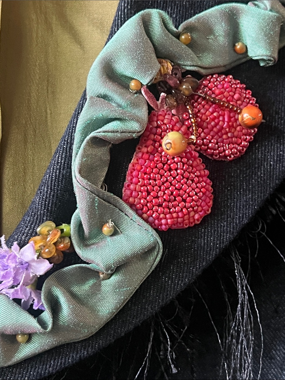 RARE MARY FRANCES Black Denim Jacket with Beaded/Embellished Fruits Size Small - Picture 4 of 16